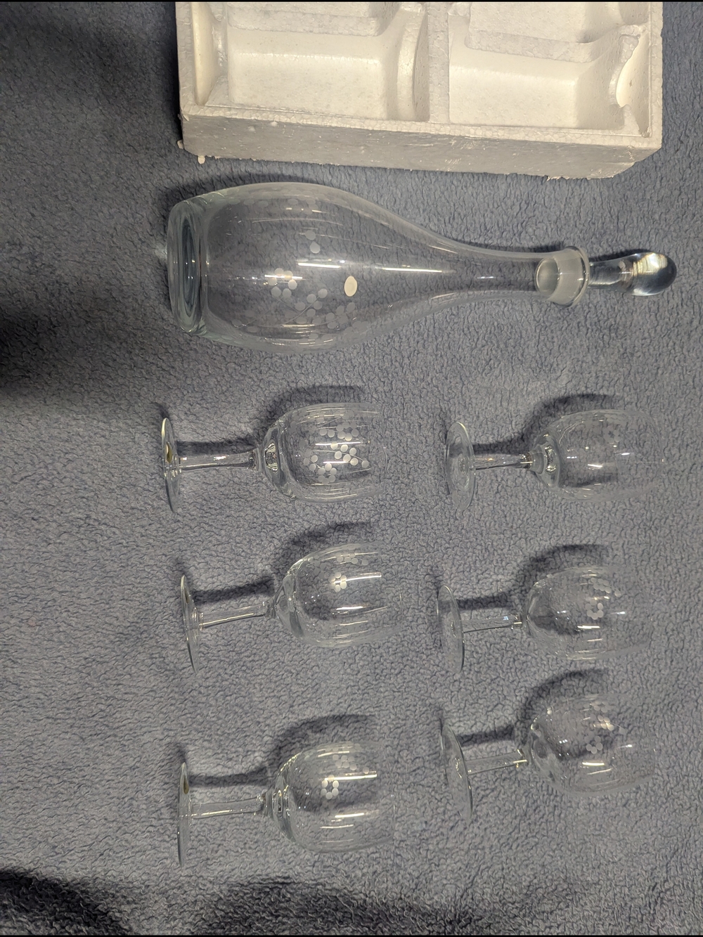 Crystal Etched Decanter and 6 Wine Glasses - Clear